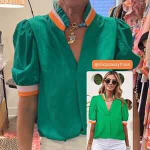 Green Puff Sleeve Blouse